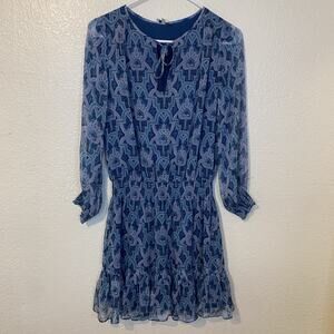 Joie Bree Ruffled 100% Silk Mini Dress Blue Paisley Sheer Raglan Cuff Sleeve